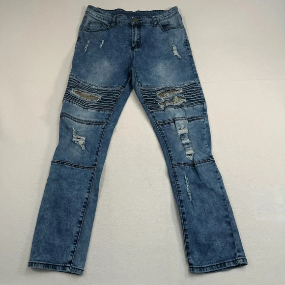 Straight Leg Camo Moto Jeans Mens Size 32 Medium Acid Blue Mid Rise - Picture 2 of 12